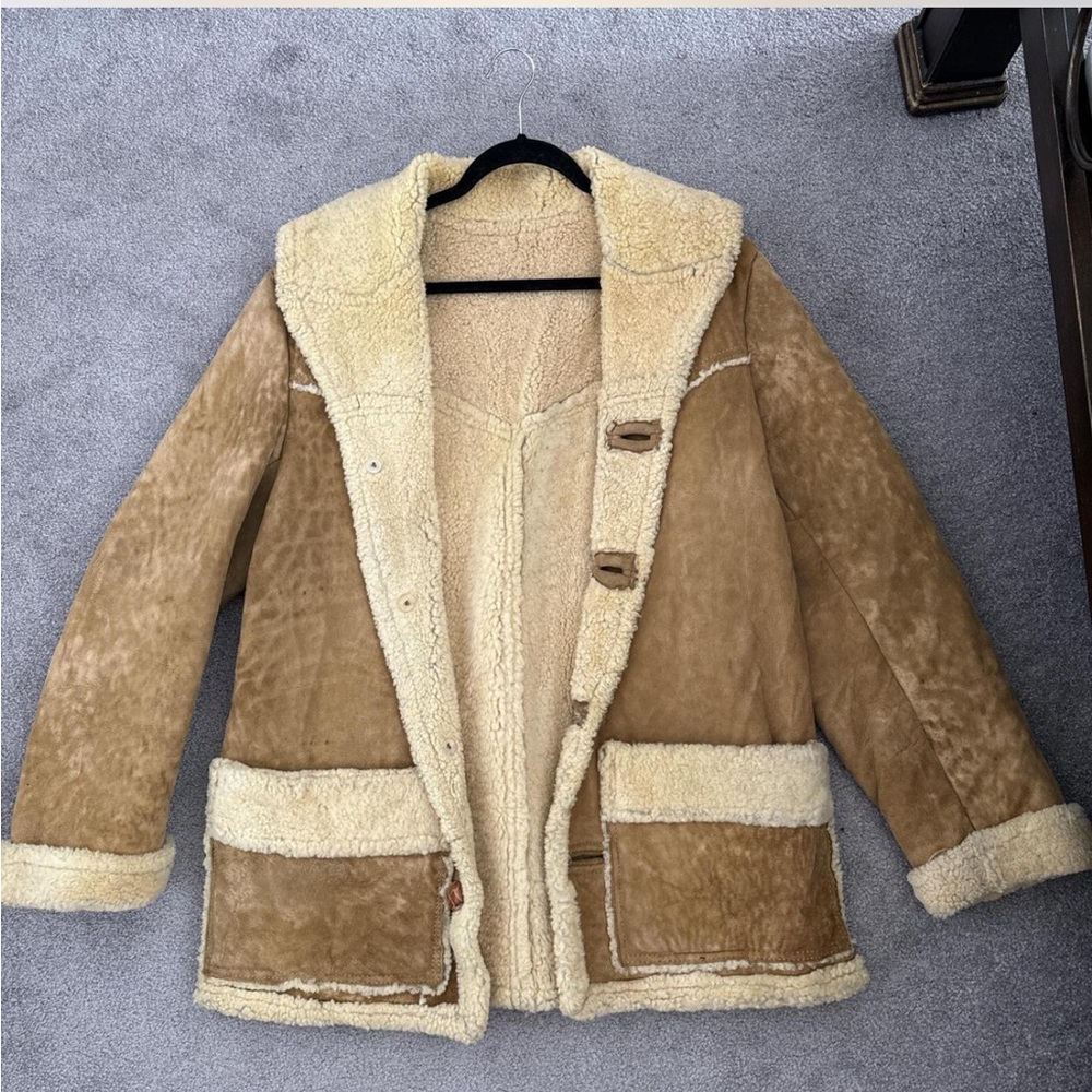 large vintage leather and sheep wool shearling coat